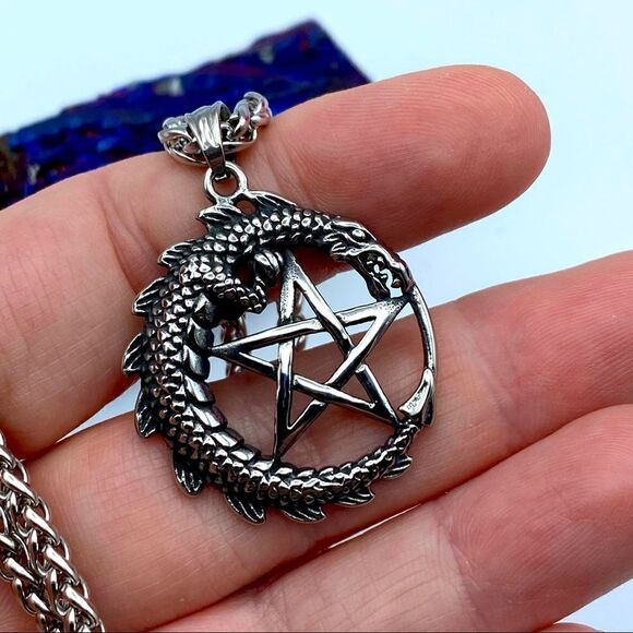 Stainless Steel Dragon Pentagram Necklace Wheat Chain - Picture 3 of 4
